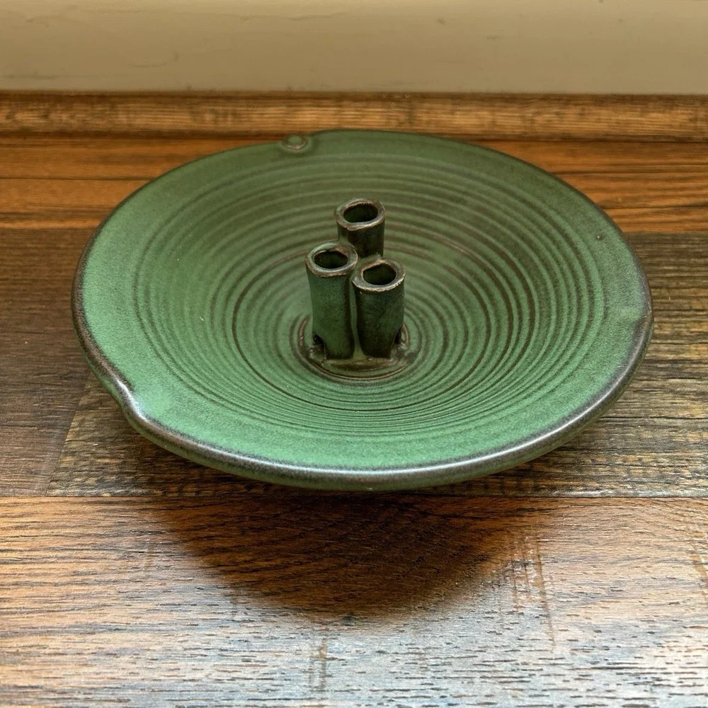 Studio Pottery Flower Frog Bowl Signed Green Glaze Ikebana Vase Holder